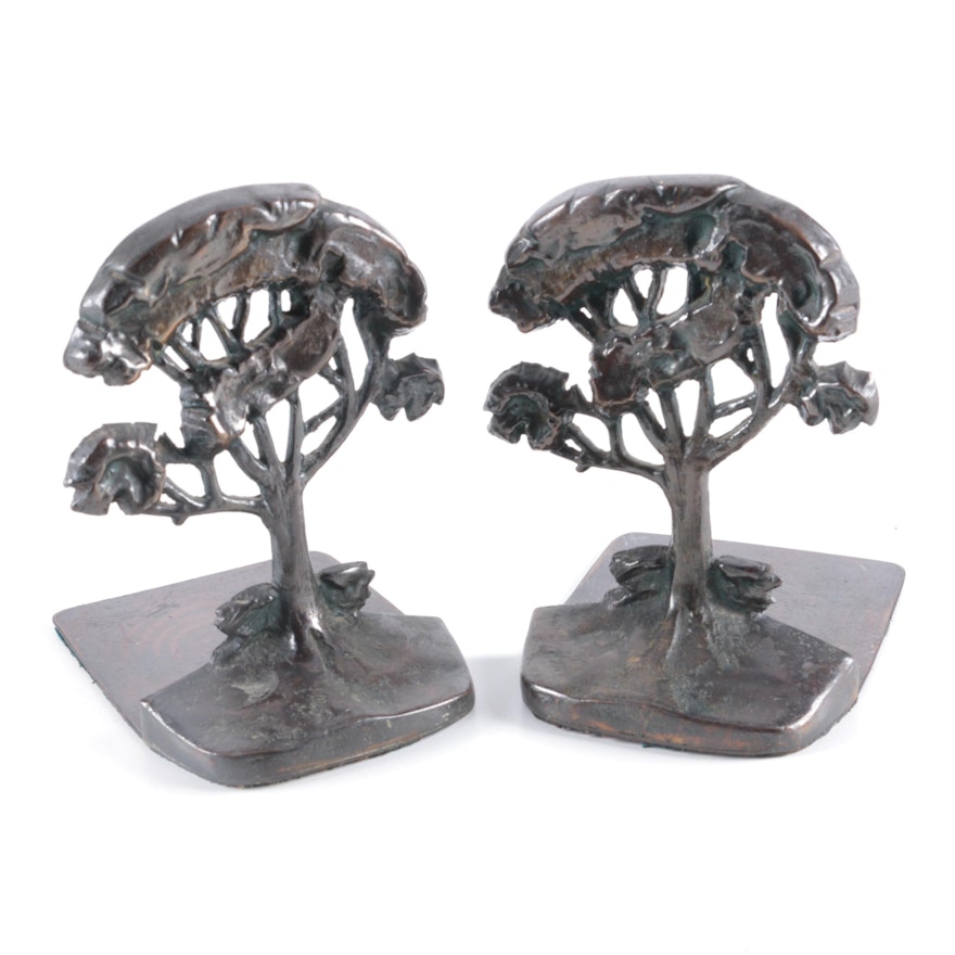 Bronzed Cast Metal Sweet Acacia Tree Bookends, Early to Mid-20th Century