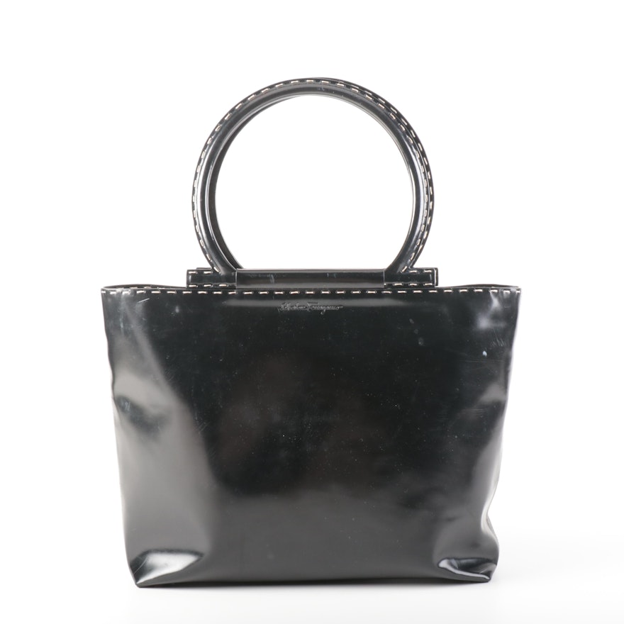 Salvatore Ferragamo Black Patent Leather Shoulder Bag with Topstitching Detail