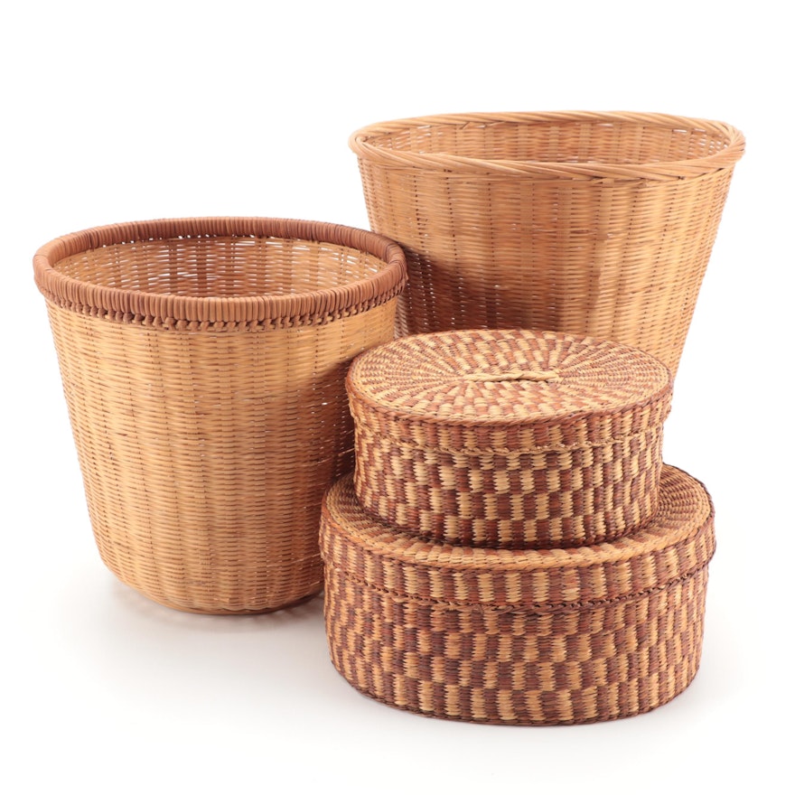 Handwoven Grass Storage Baskets and Woven Wood and Rattan Trash Receptacles