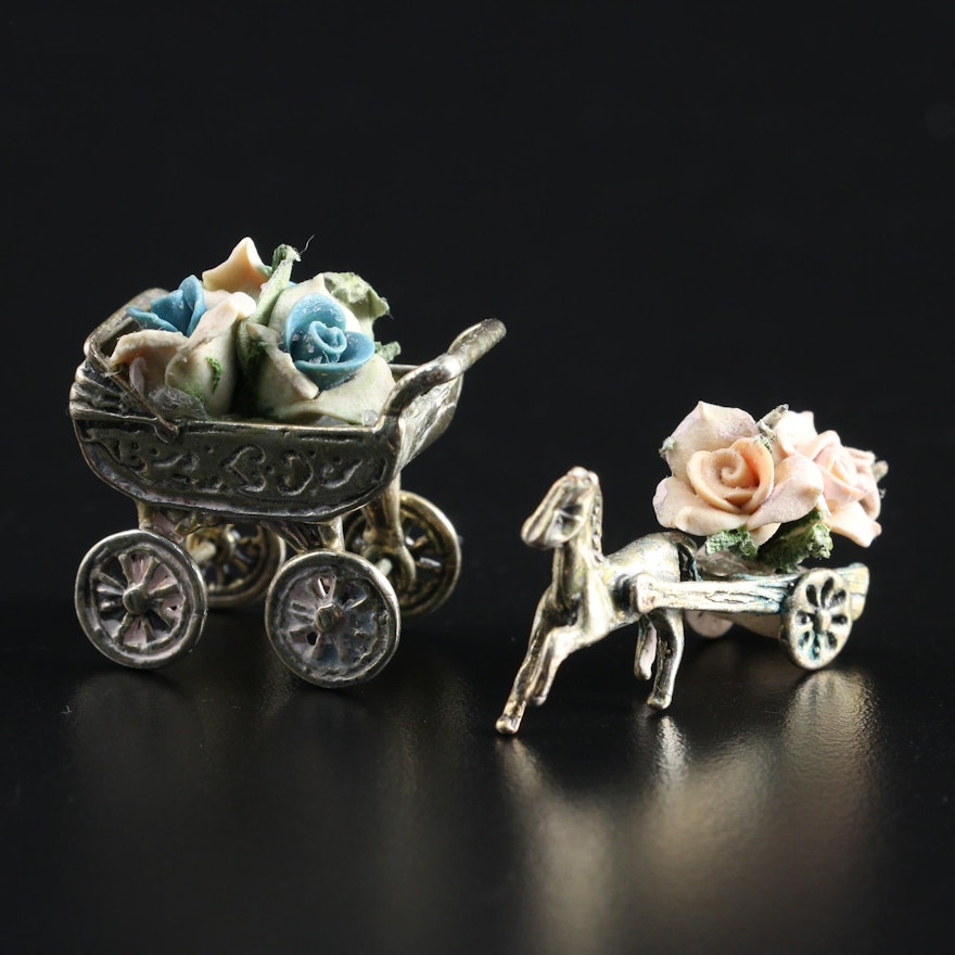 Italian 800 Silver Miniature Baby Carriage and Horse Cart