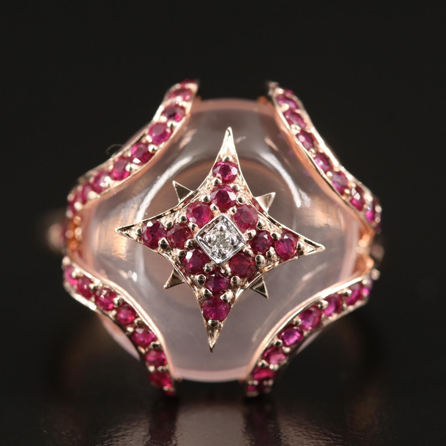 Sterling Rose Quartz, Ruby, and Diamond Ring