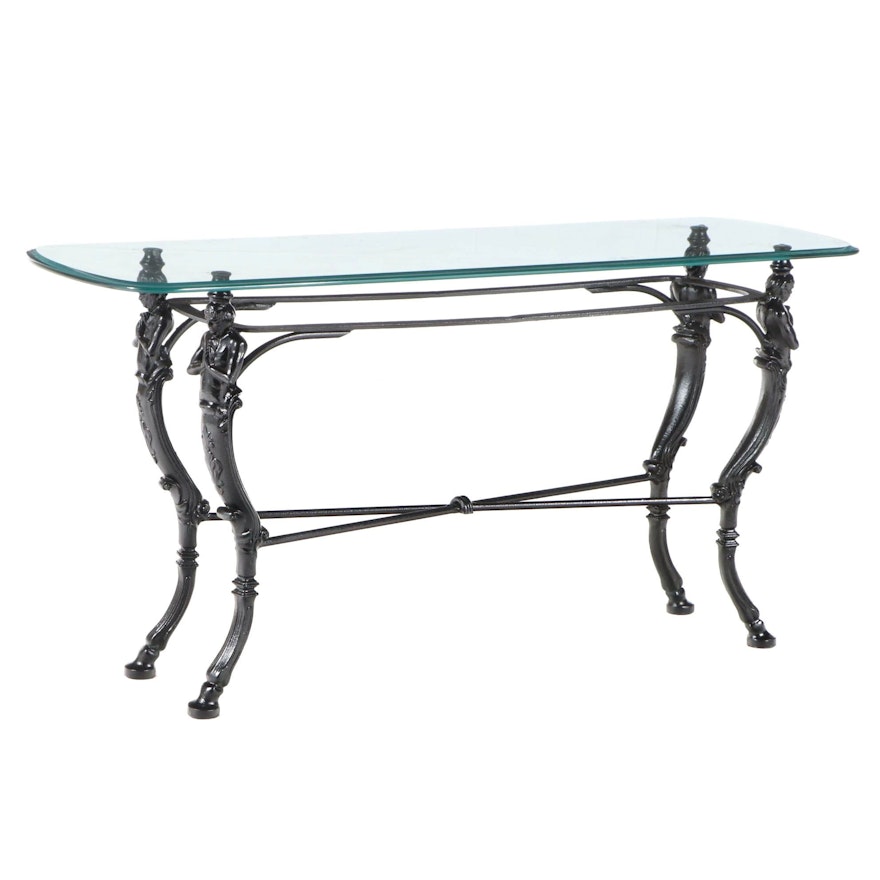 Maitland-Smith Style Glass Top Wrought Iron Hall Table