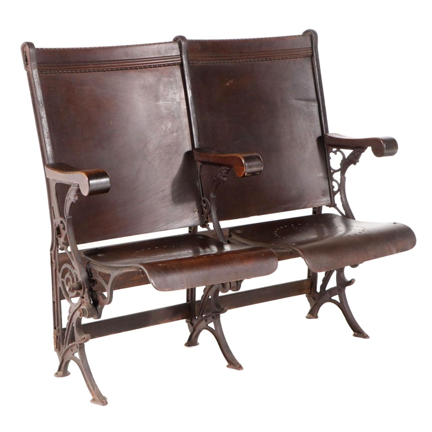 Row of Two Laminated Birch & Painted Cast Iron Folding Theater Seats, pat. 1885