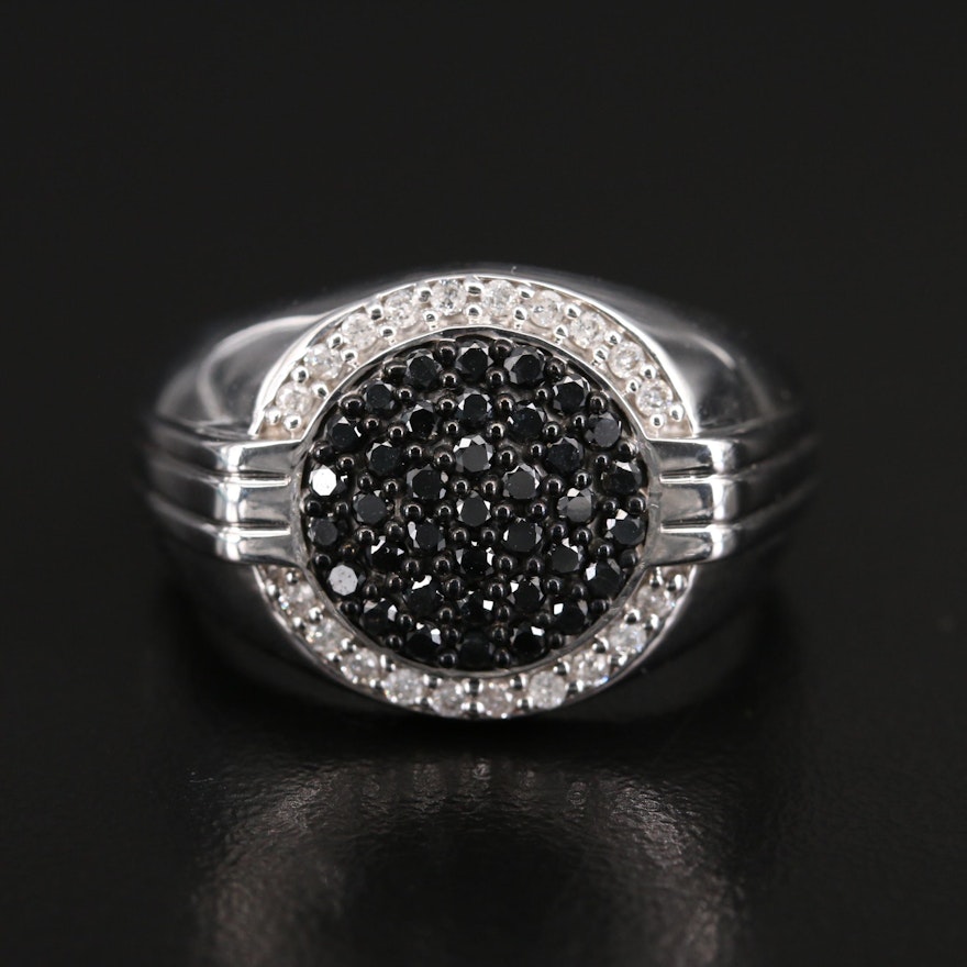 Sterling Black and White Diamond Halo Ring