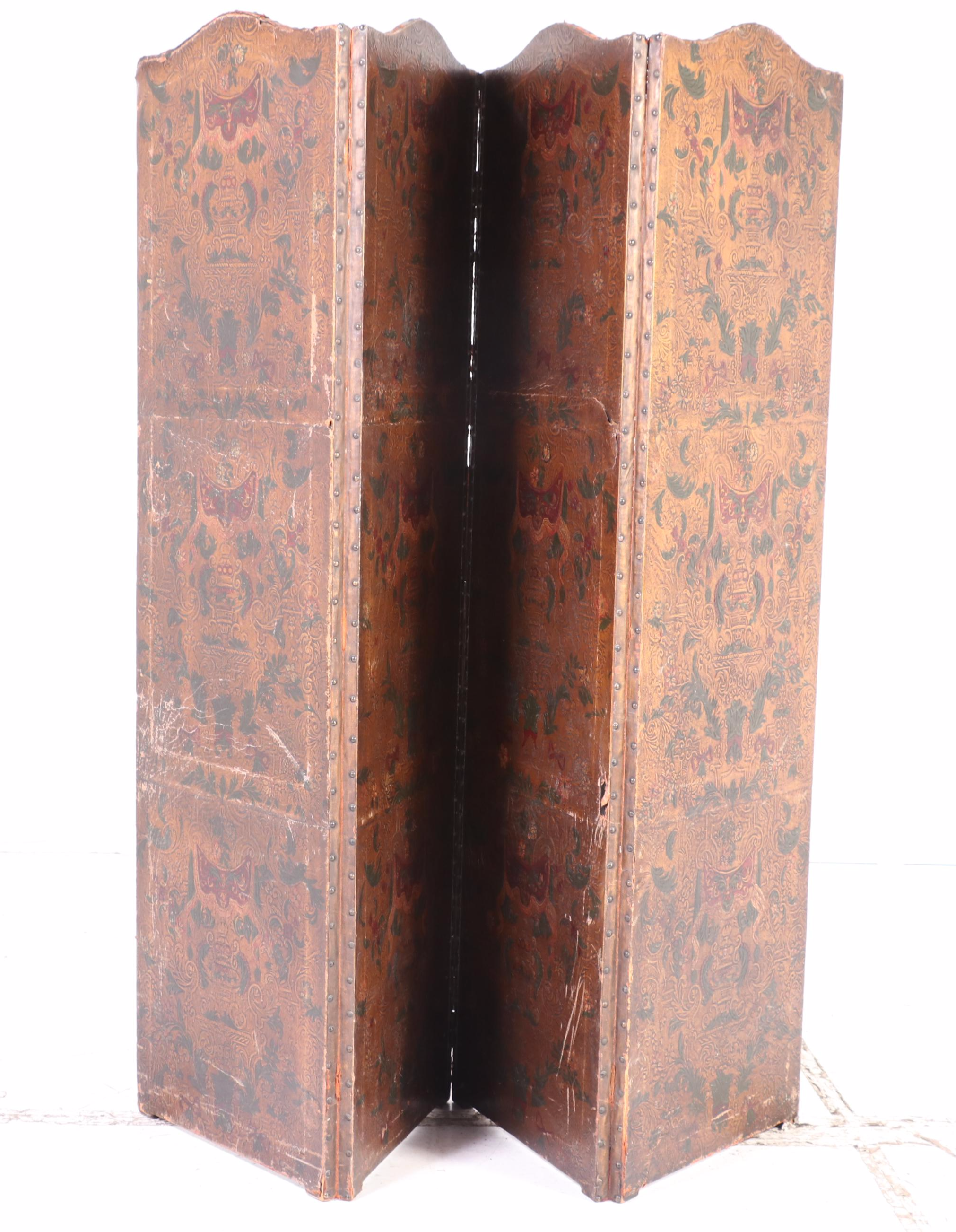 Renaissance Style Embossed and Polychrome Leather Room Divider