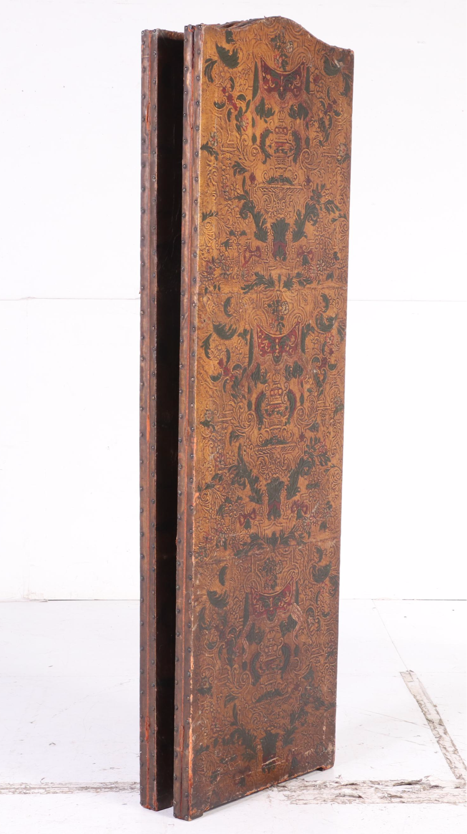Renaissance Style Embossed and Polychrome Leather Room Divider