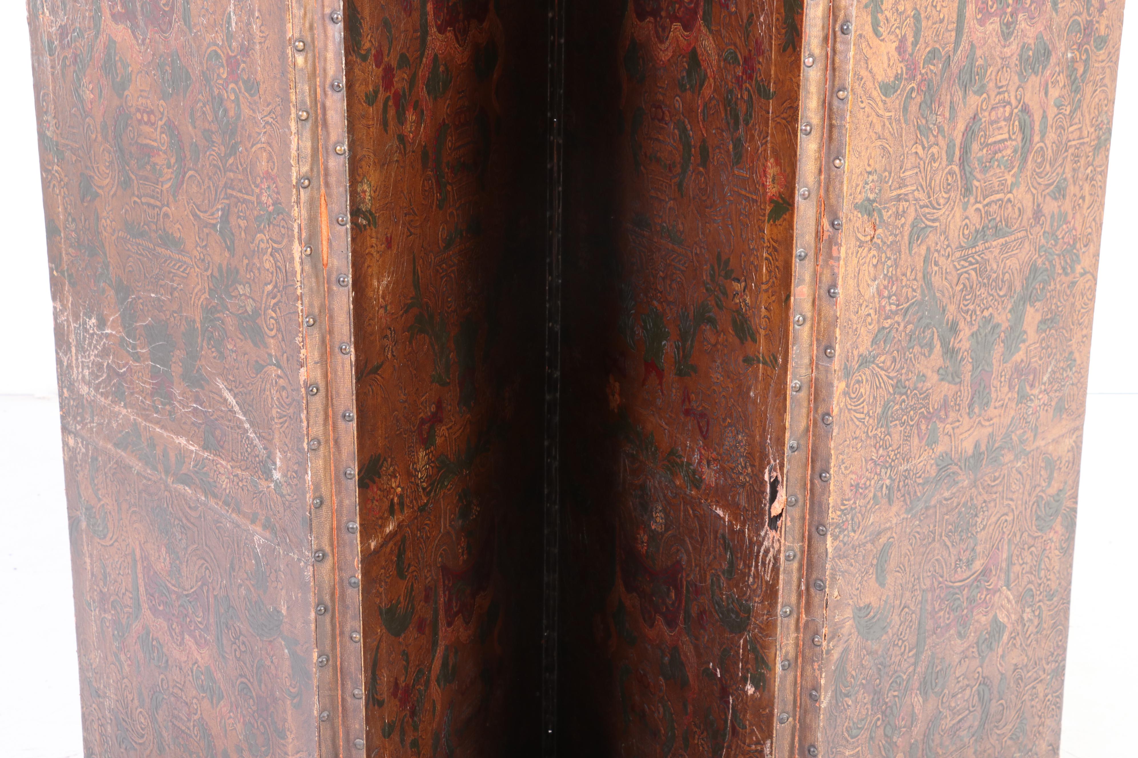 Renaissance Style Embossed and Polychrome Leather Room Divider