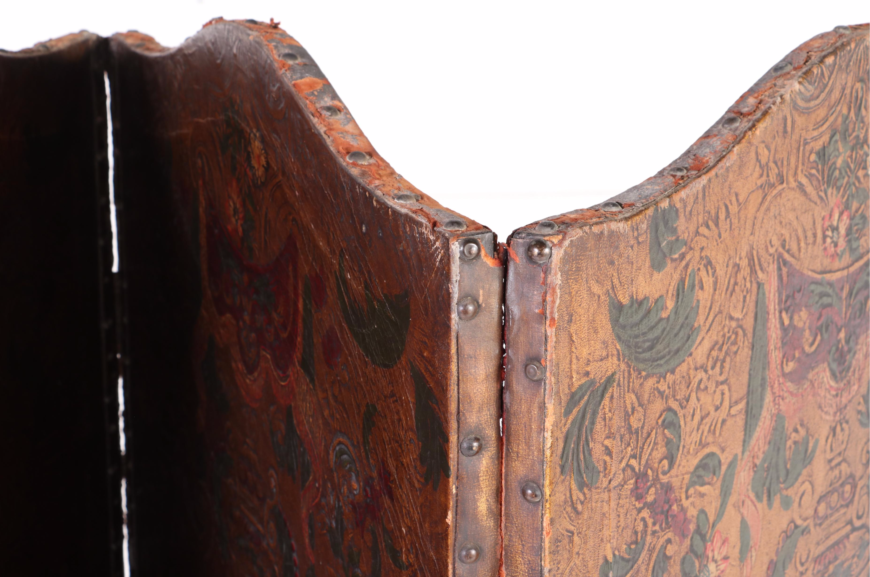 Renaissance Style Embossed and Polychrome Leather Room Divider