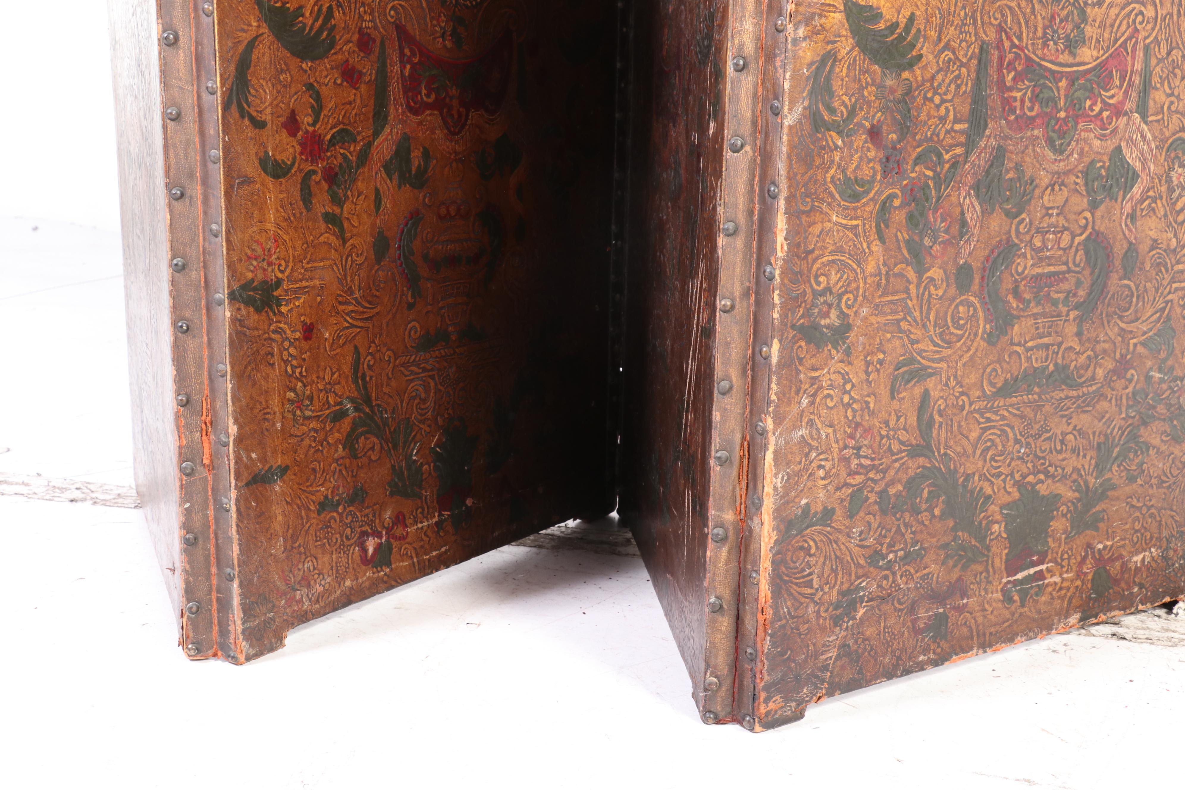 Renaissance Style Embossed and Polychrome Leather Room Divider