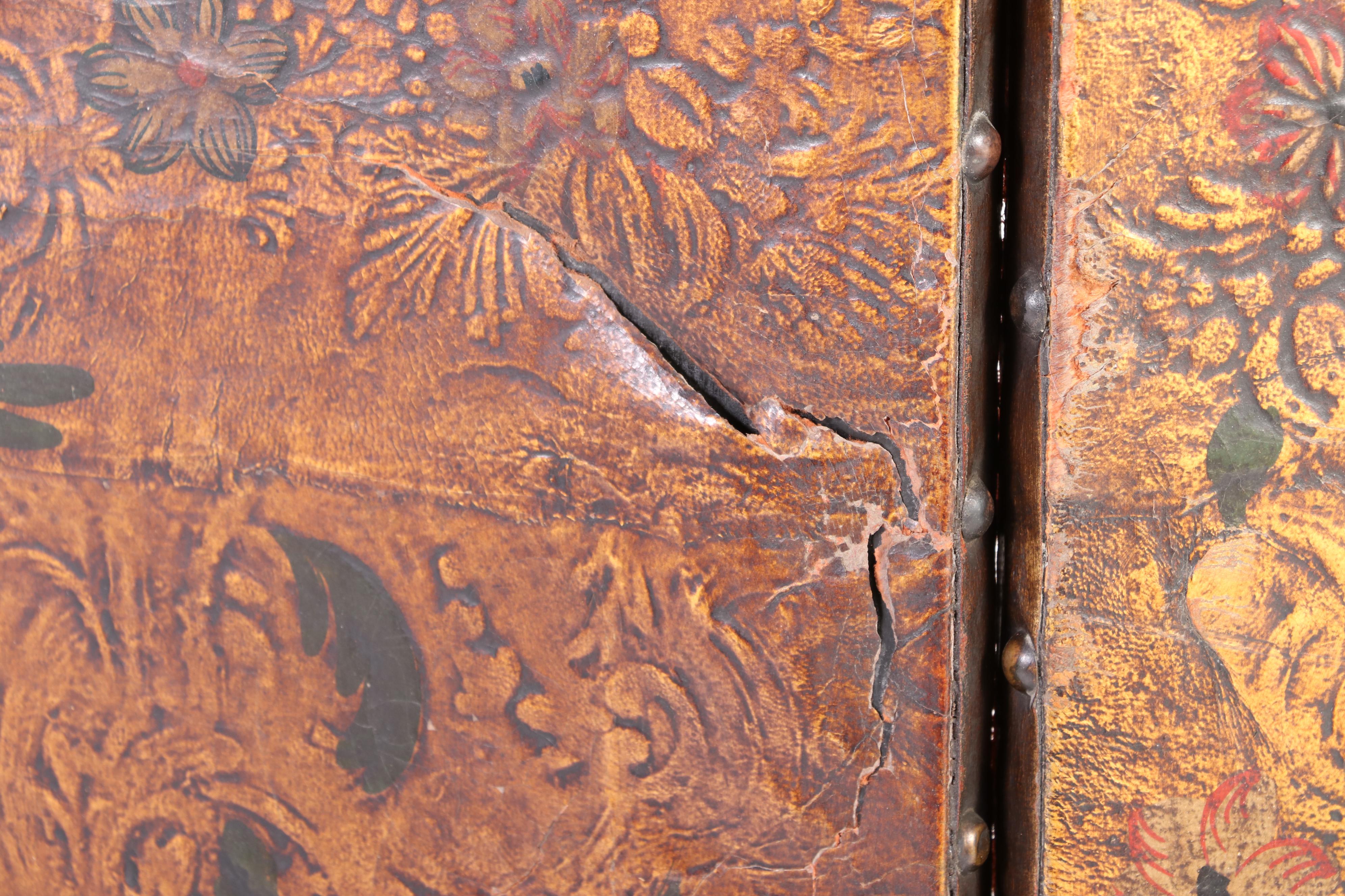 Renaissance Style Embossed and Polychrome Leather Room Divider