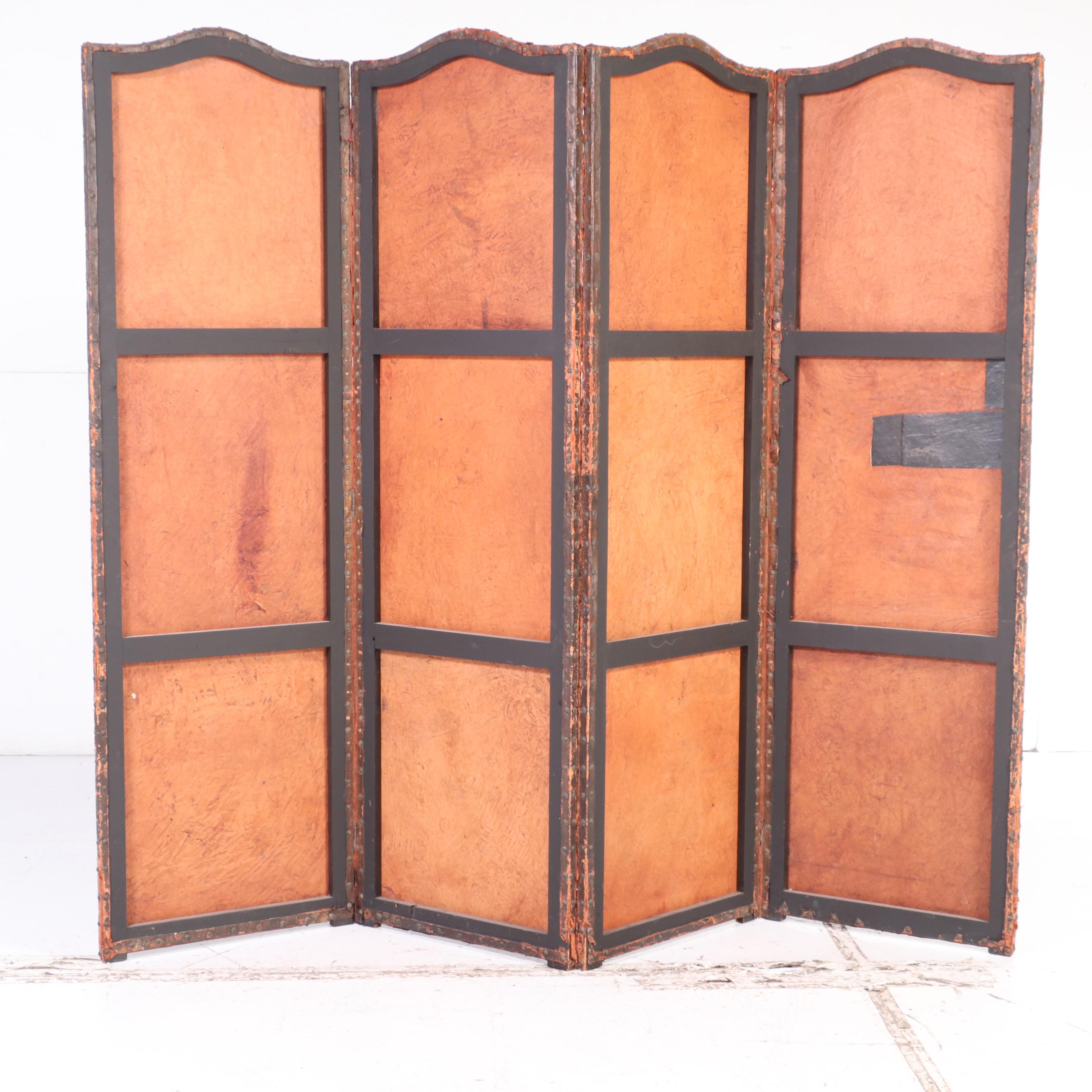Renaissance Style Embossed and Polychrome Leather Room Divider