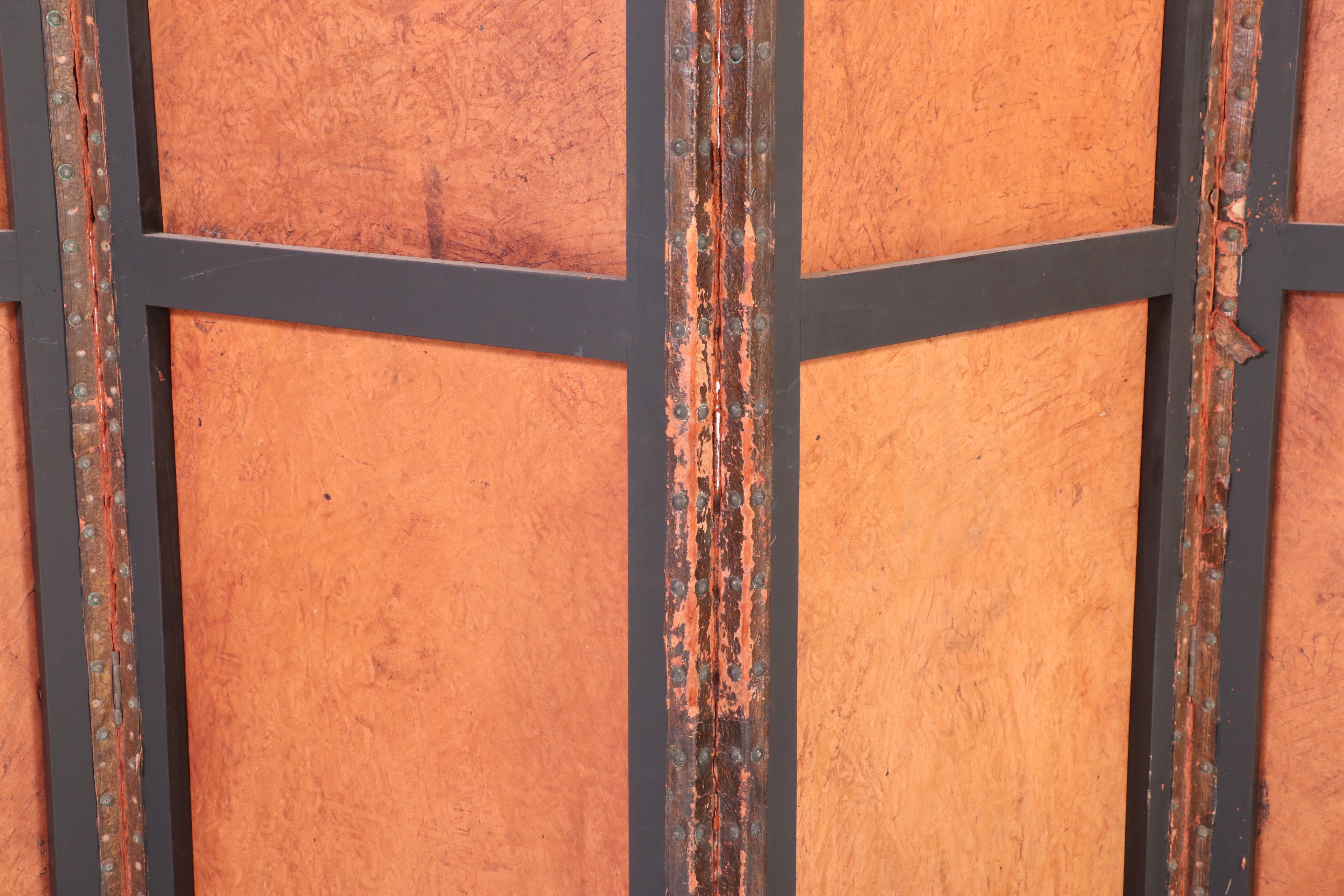 Renaissance Style Embossed and Polychrome Leather Room Divider