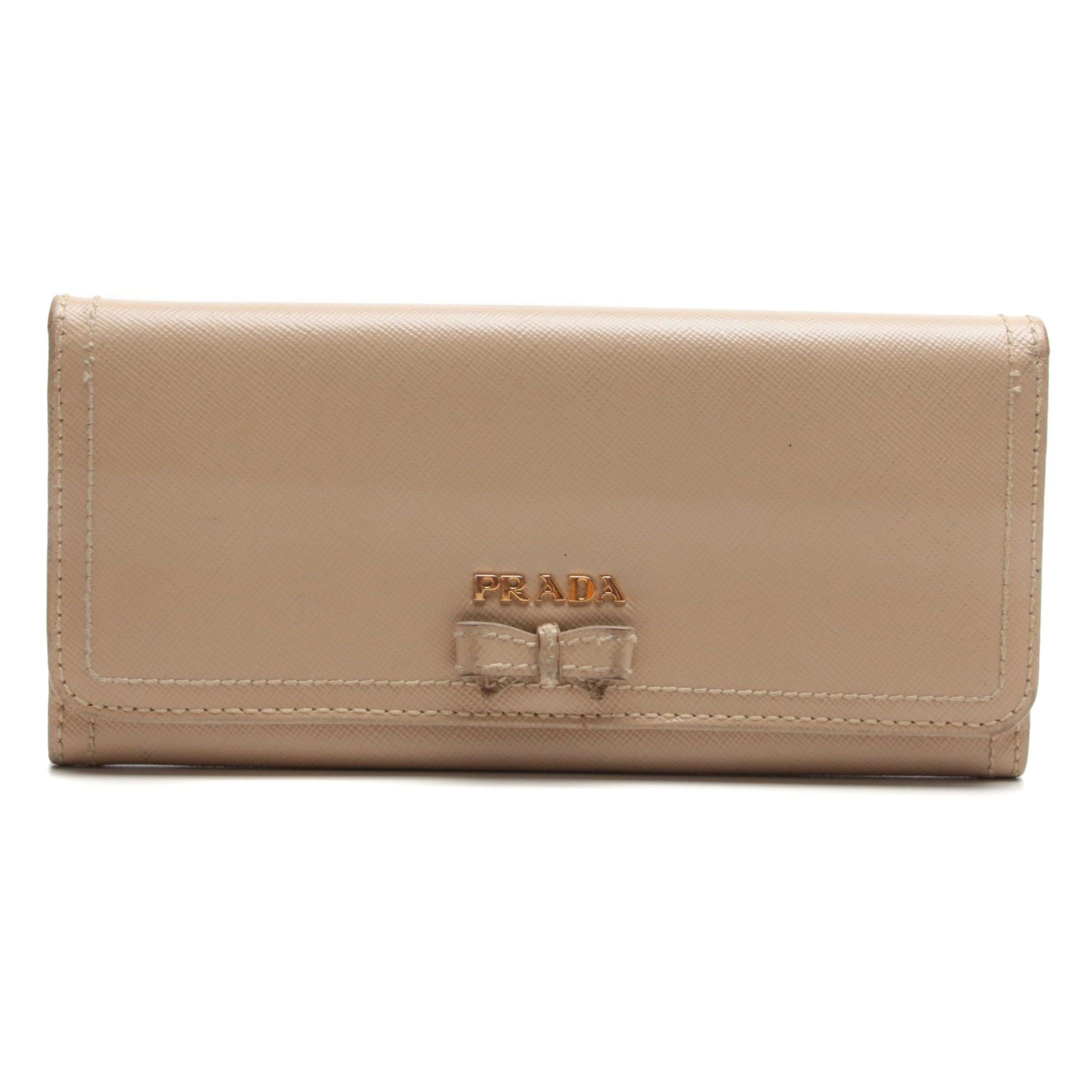 Prada Bow Flap Long Wallet in Nude Saffiano Leather
