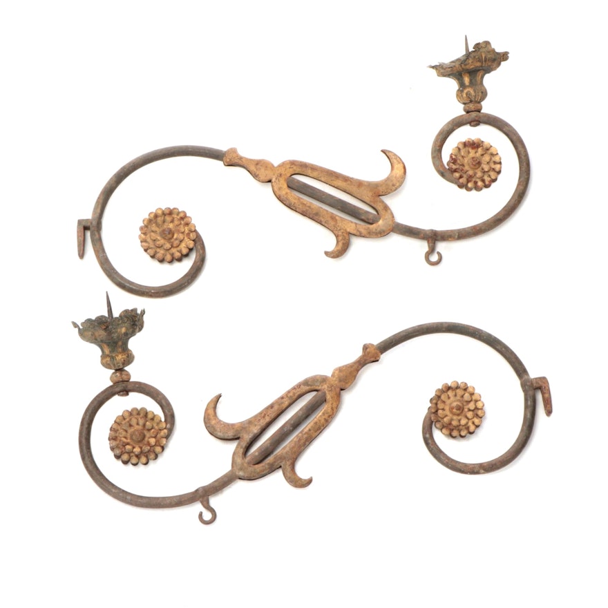 Continental Iron with Gilding Wall Mount Candle Prickets, 18th Century