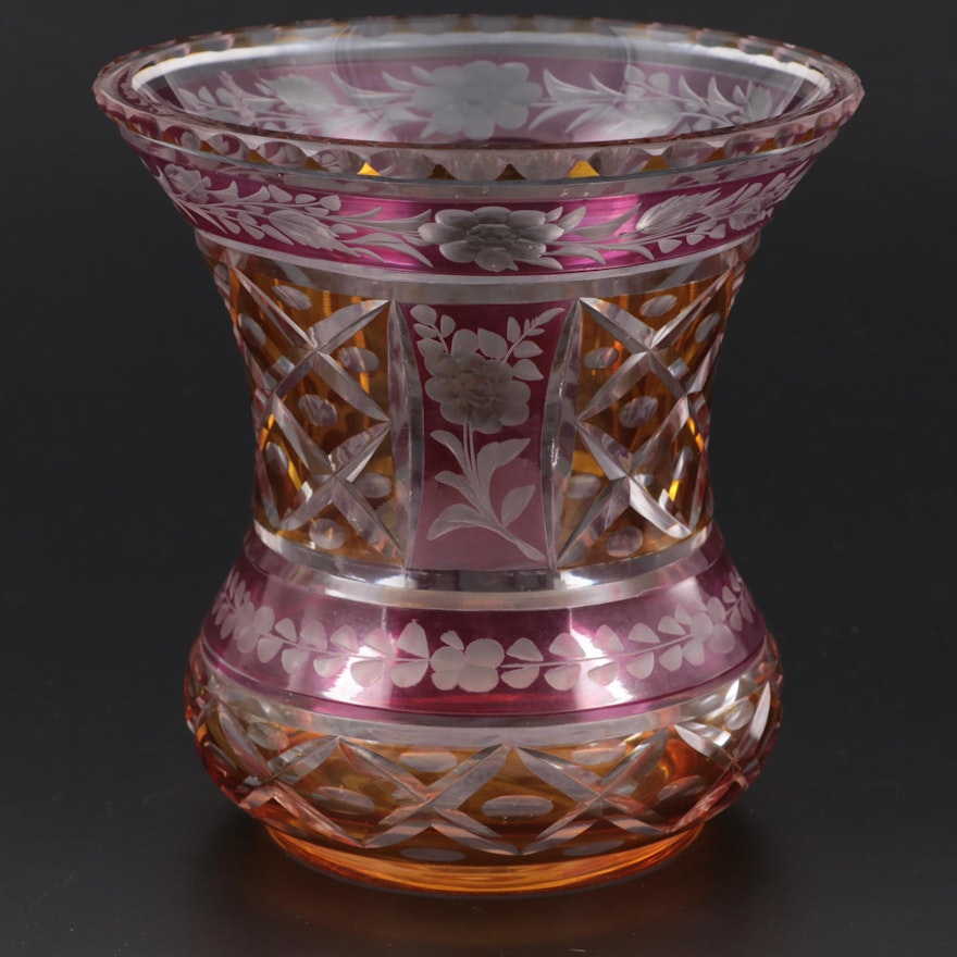 Bohemian Style Two Tone Cut to Clear Glass Vase, Early 20th Century