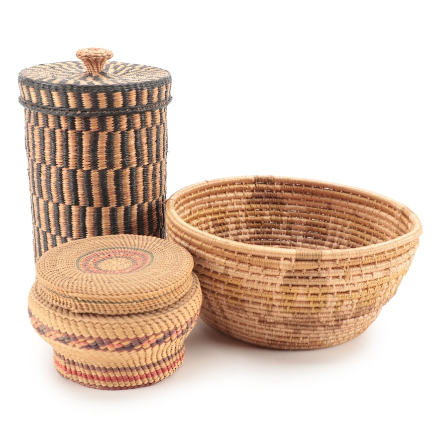 Hand-Woven Basketry Bowl and Lidded Vessels