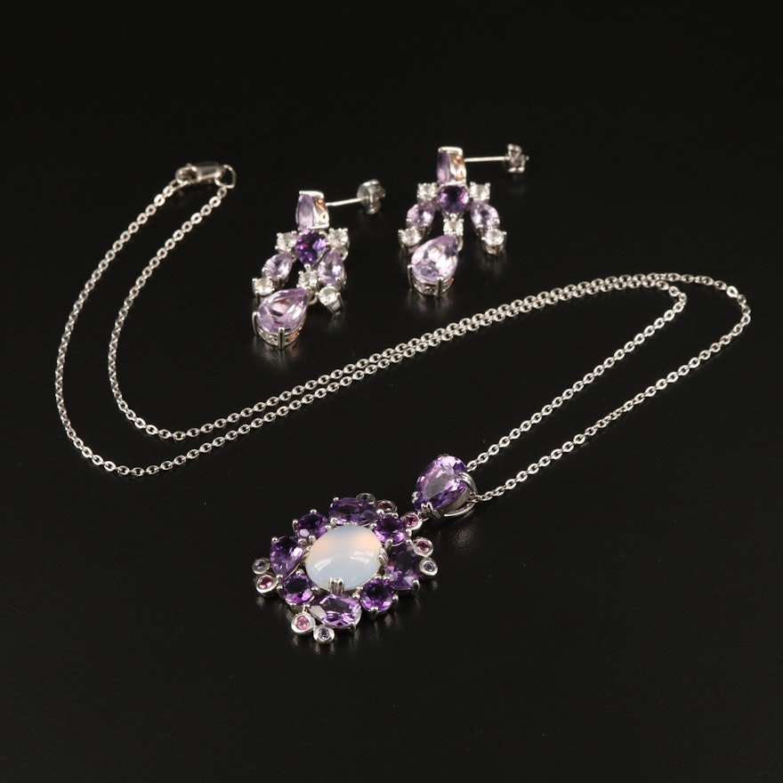 Sterling Earrings and Pendant Necklace Including Moonstone, Amethyst, Sapphire