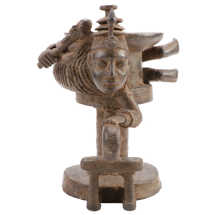 Yoruba Brass Ceremonial Vessel with Queen Figure, West Africa