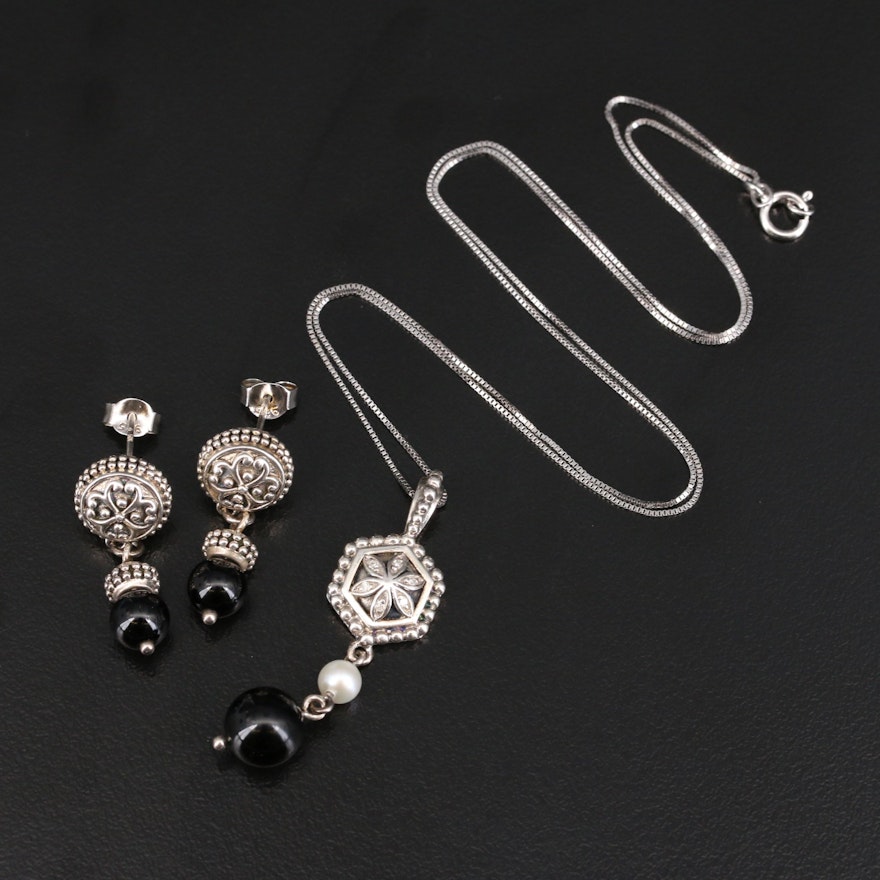 Sterling Black Onyx, Pearl and Diamond Pendant Necklace and Earrings