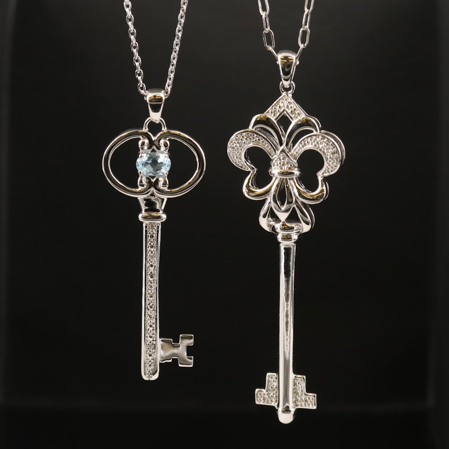 Sterling Fleur-de-lis Key Pendant Necklaces with Topaz and Diamond
