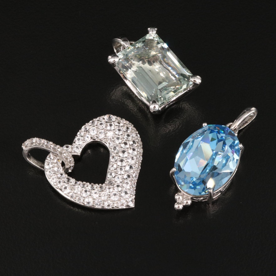 Sterling Prasiolite, Sapphire and Rhinestone Pendants Featuring Pavé Heart