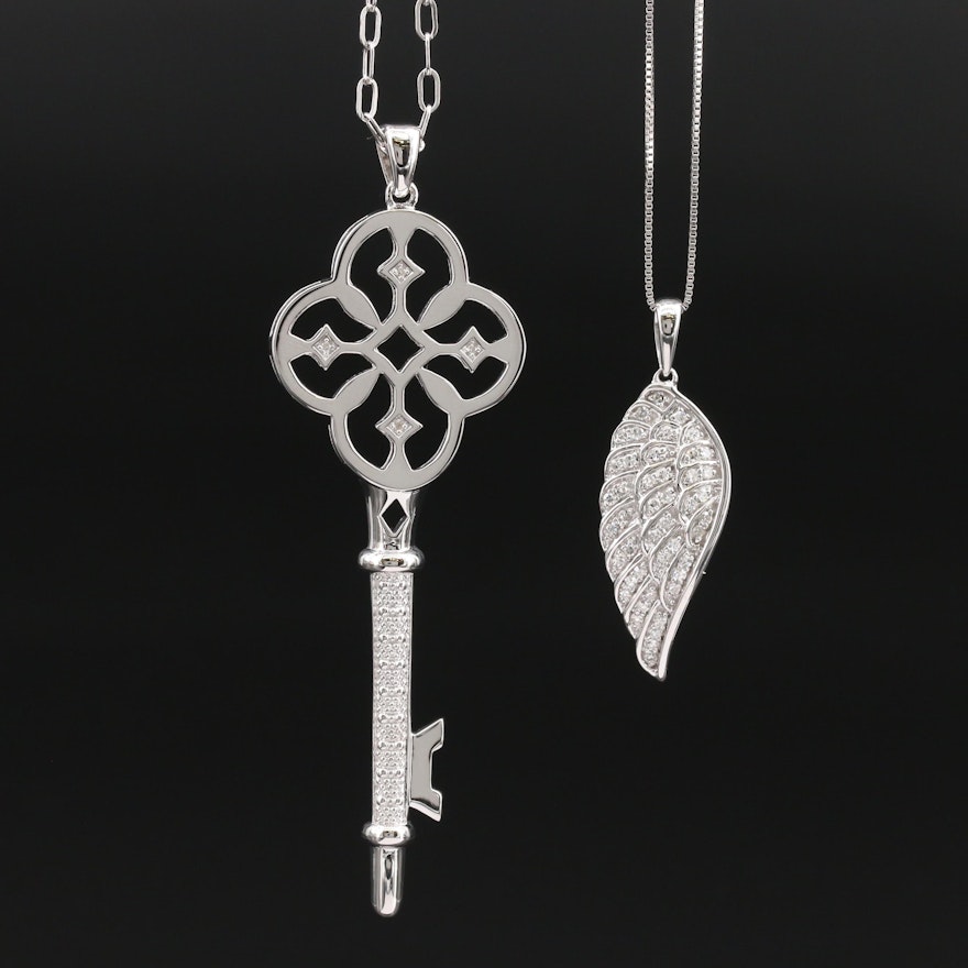 Sterling Diamond Key and Wing Pendant Necklaces