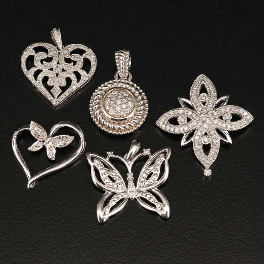 Sterling Silver Diamond Pendants Featuring Butterfly and Heart Designs