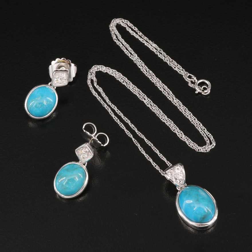 Sterling Turquoise and White Topaz Pendant Necklace and Earrings Set