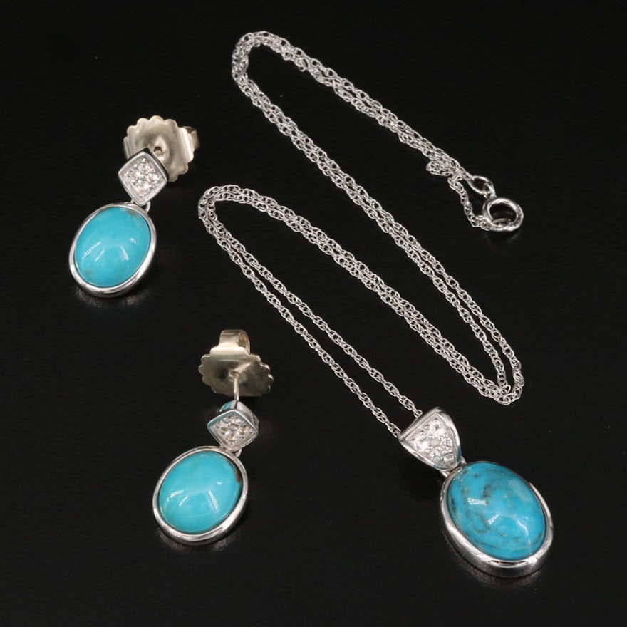 Sterling Turquoise and White Topaz Pendant Necklace and Earring Set