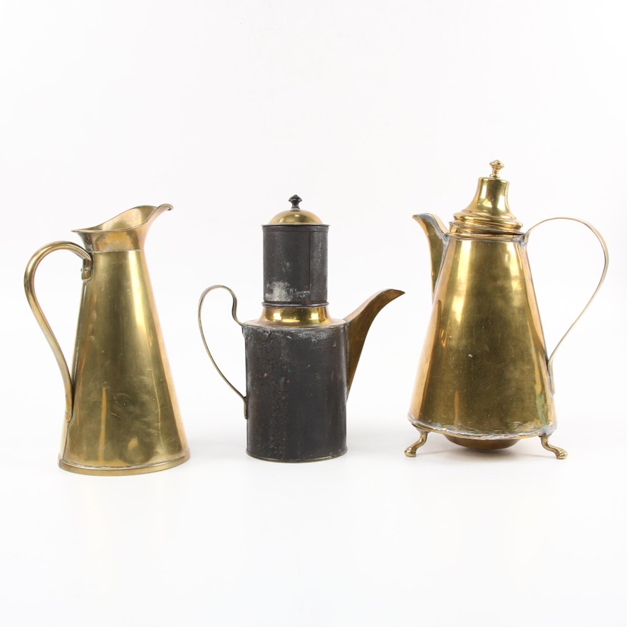 French Brass and Metal Percolator with Brass Coffeepot and Pitcher