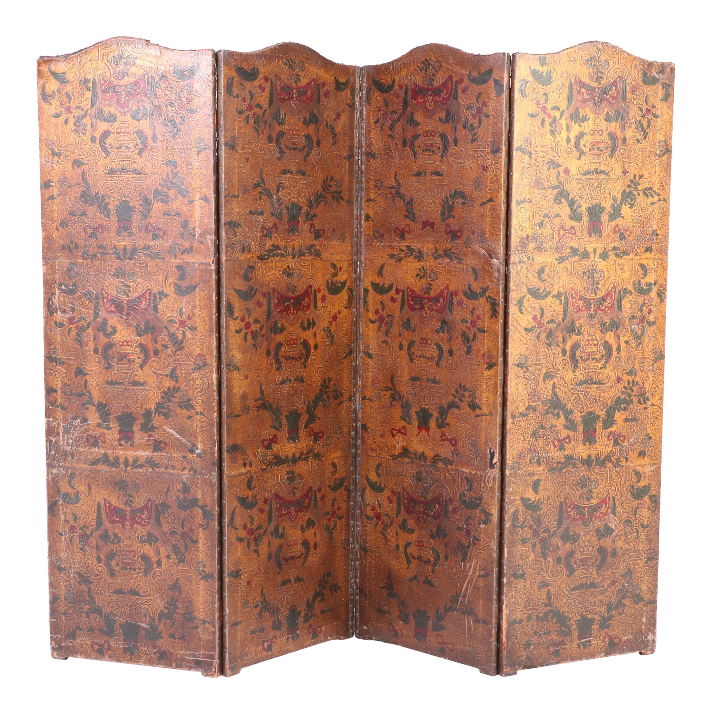 Renaissance Style Embossed and Polychrome Leather Room Divider