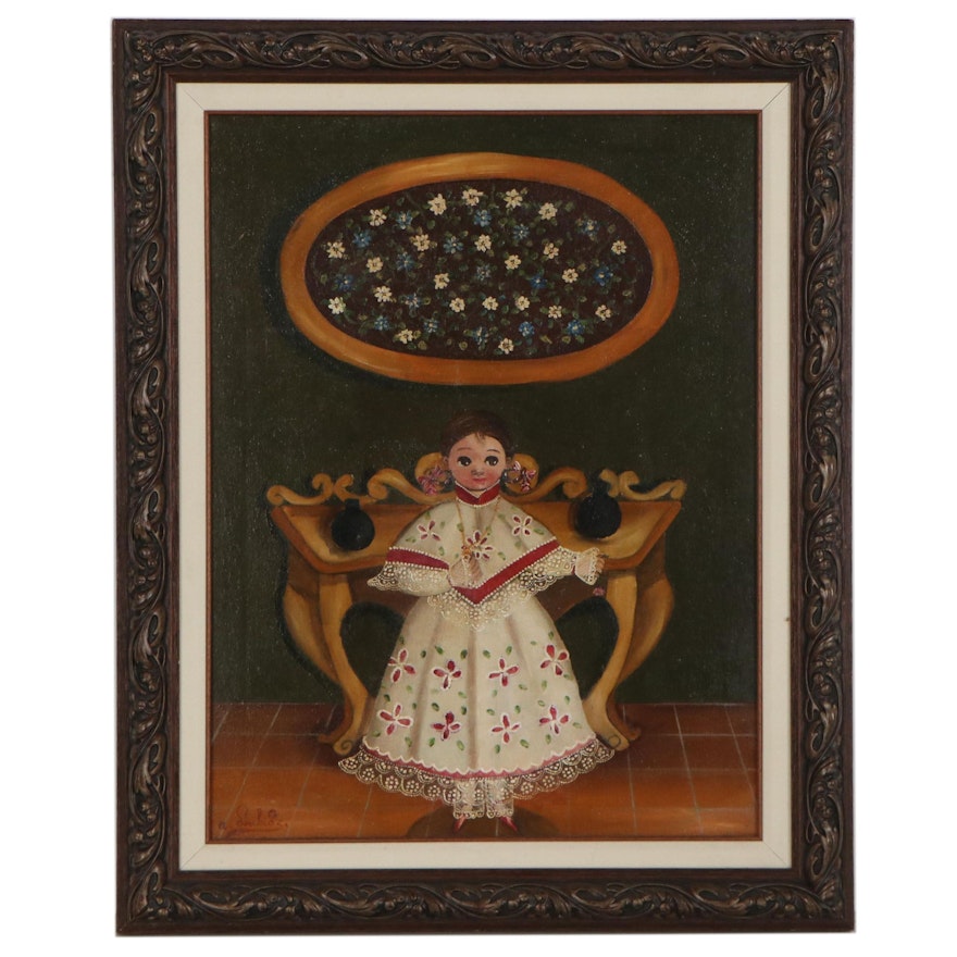 Agapito Labios Folk Art Oil Painting of a Girl, Mid-20th Century