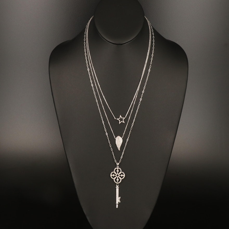 Sterling Diamond Pendant Necklaces with Openwork Key, Star and Wing