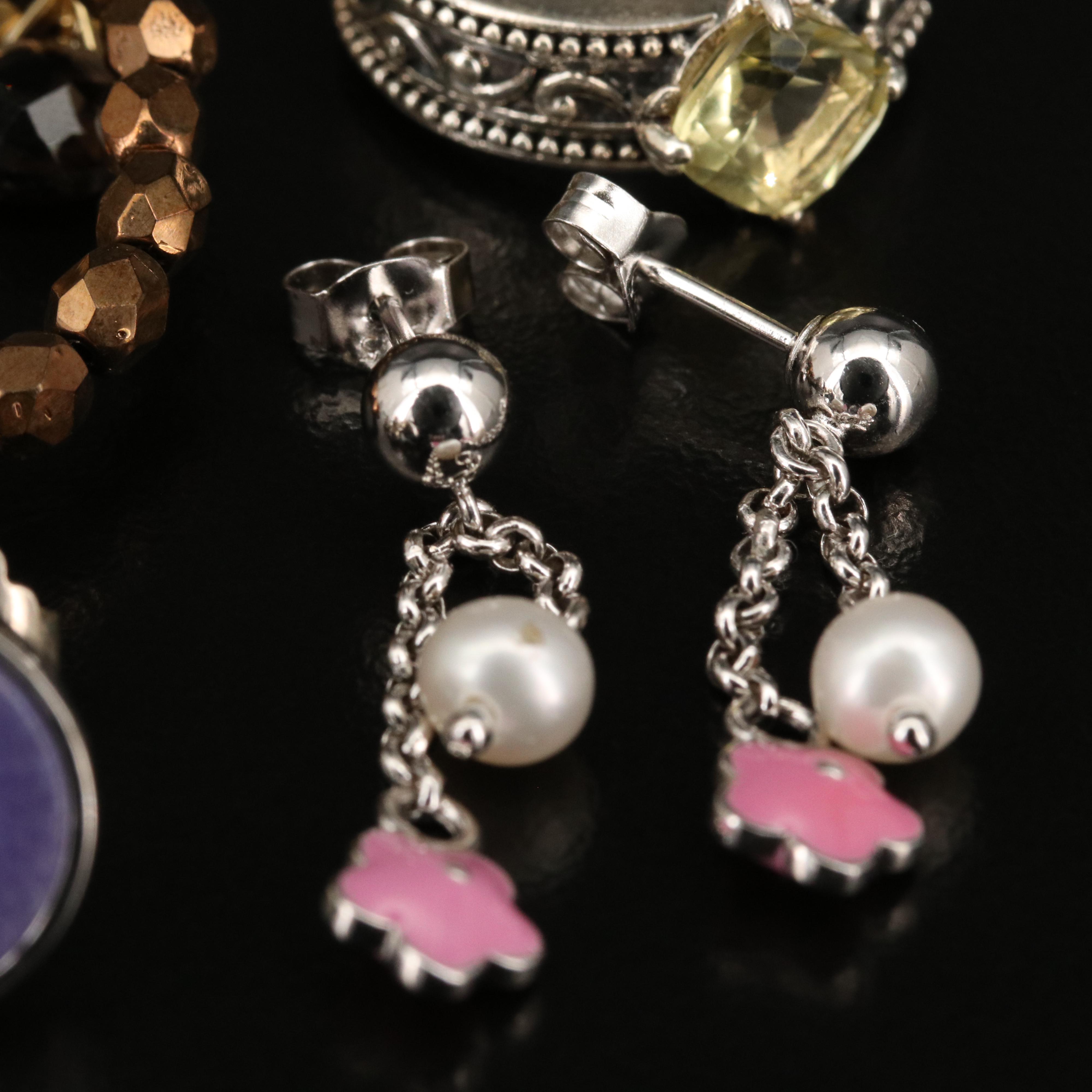 Sterling Earrings Featuring Quartzite, Pearl and Enamel