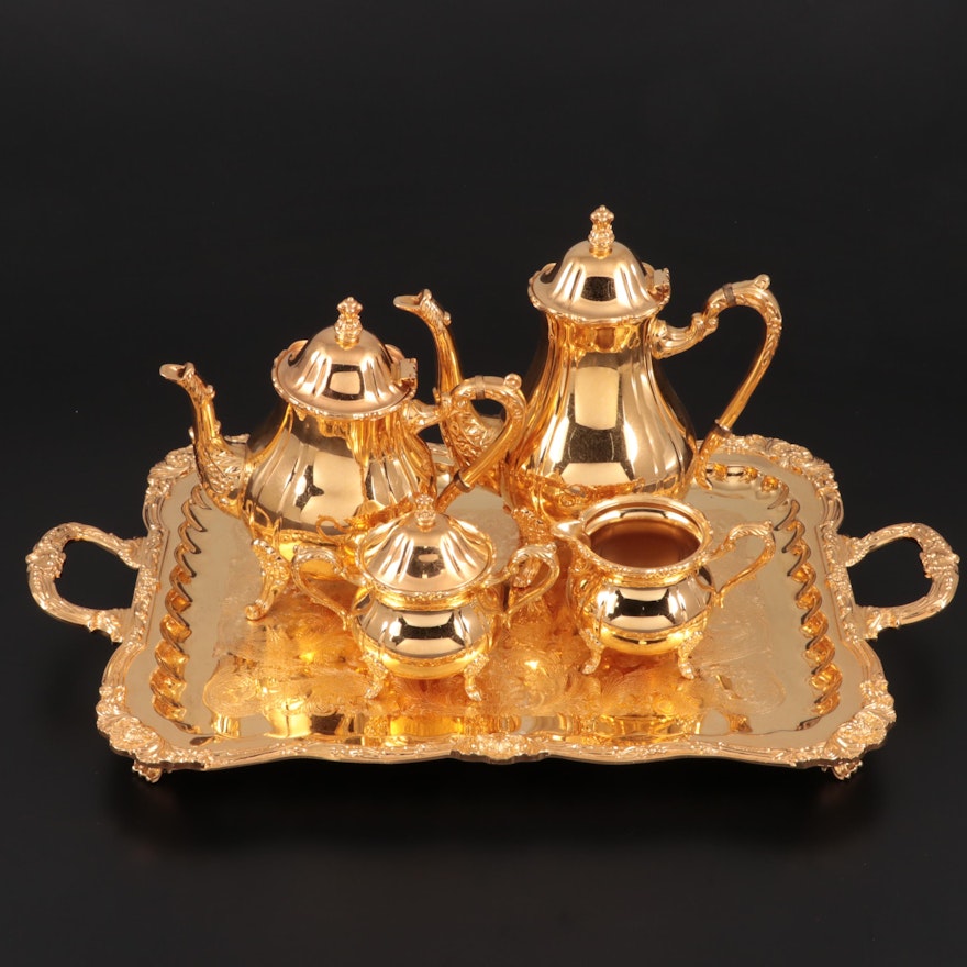 24K Gold Electroplate Coffee and Tea Service, Mid to Late 20th Century