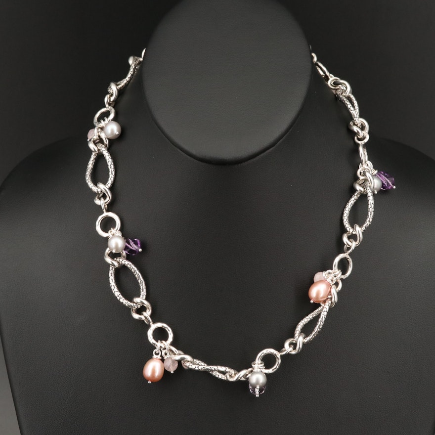 Michael Dawkins Sterling Silver Pearl, Amethyst and Rose Quartz Link Necklace