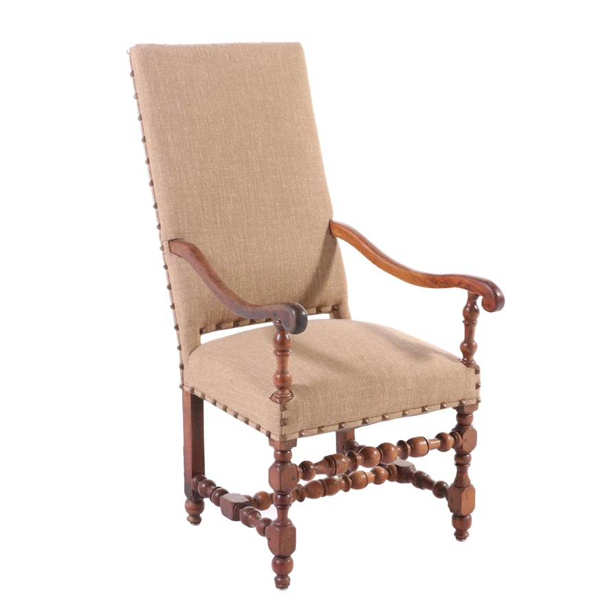 William and Mary Linen-Upholstered Walnut Armchair, Late 17th / Early 18th C.