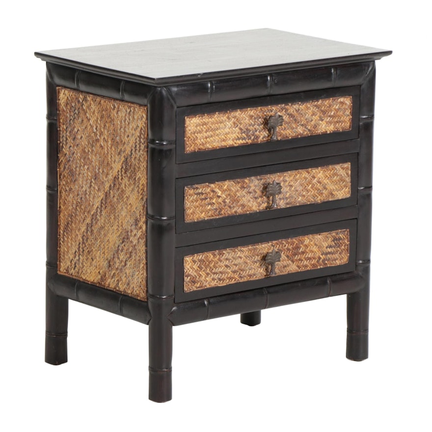 Small Ebonized Faux Bamboo and Rattan Chest of Drawers, 21st Century