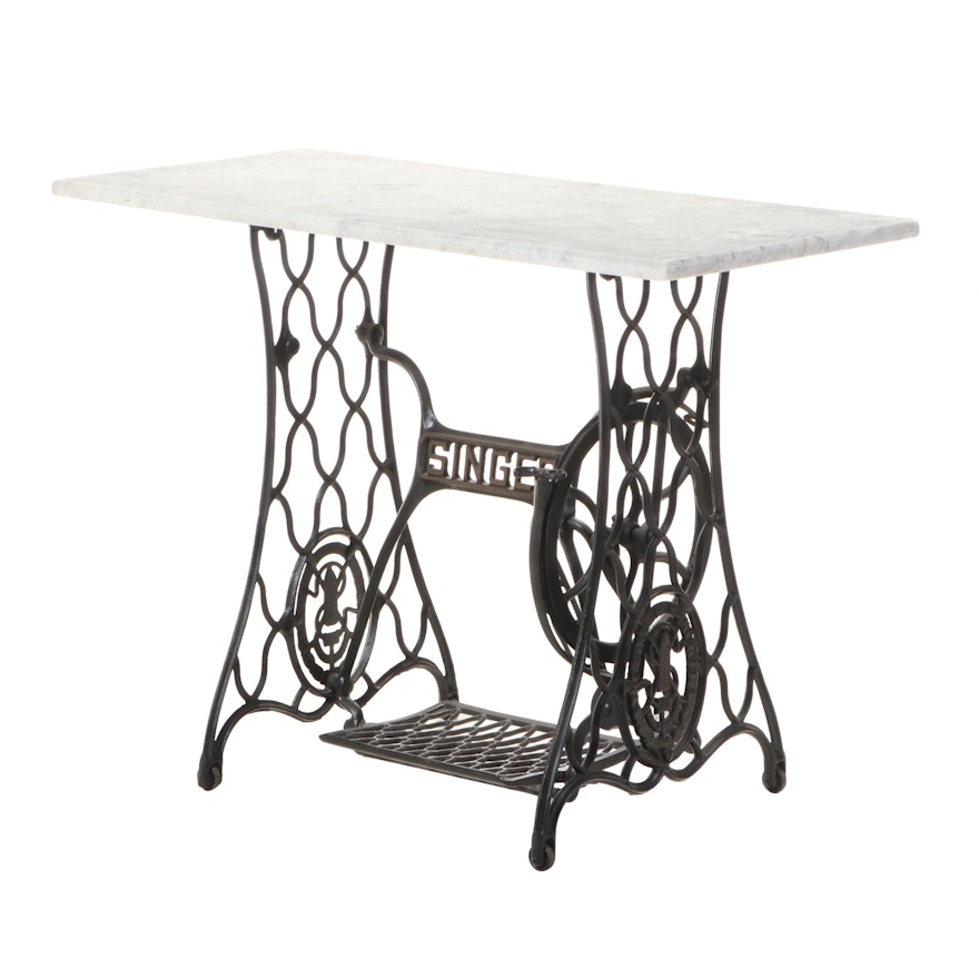 Cast Iron and White Marble "Sewing Machine" Occasional Table