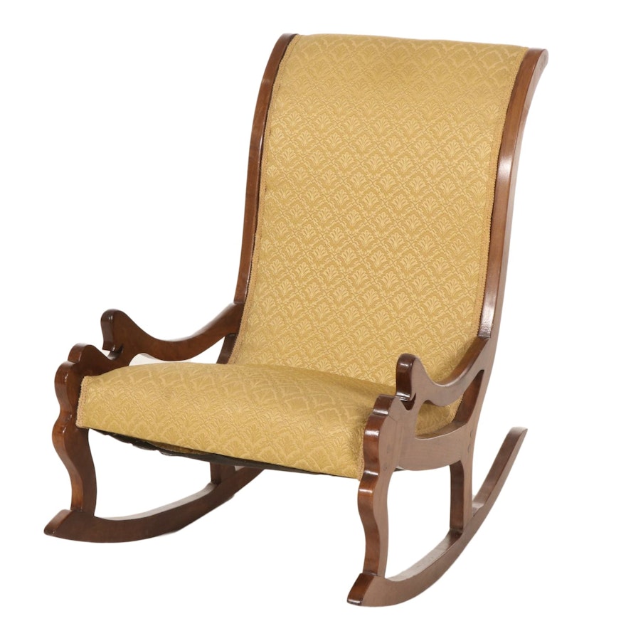 Carved Walnut with Yellow Damask Upholstery Lincoln Rocking Chair