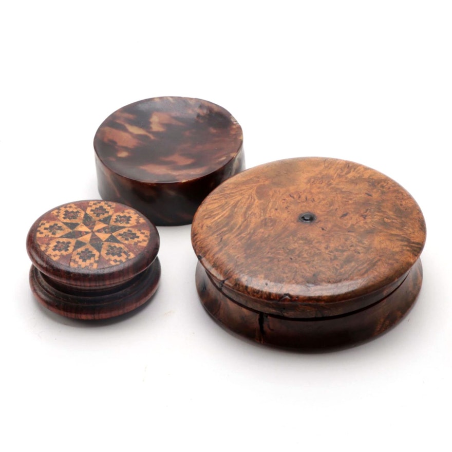 Marquetry Wood Pill Box, Tortoiseshell Burled Cased Compass, Tortoiseshell Base