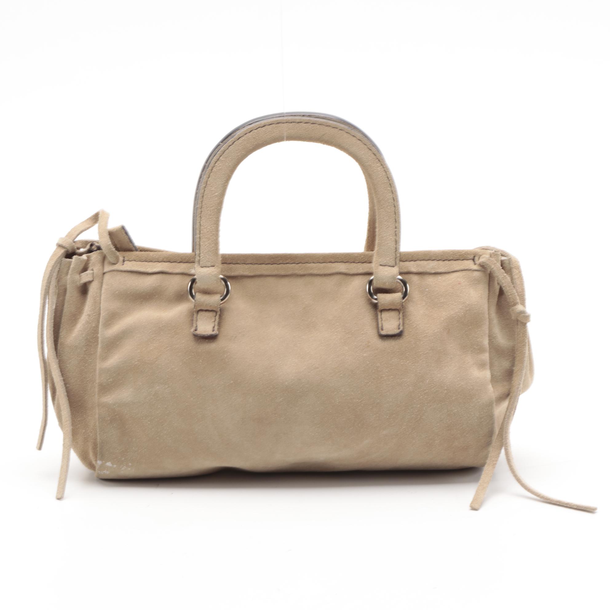 Prada Mini Top Handle Bag with Drawstring Sides in Natural Suede