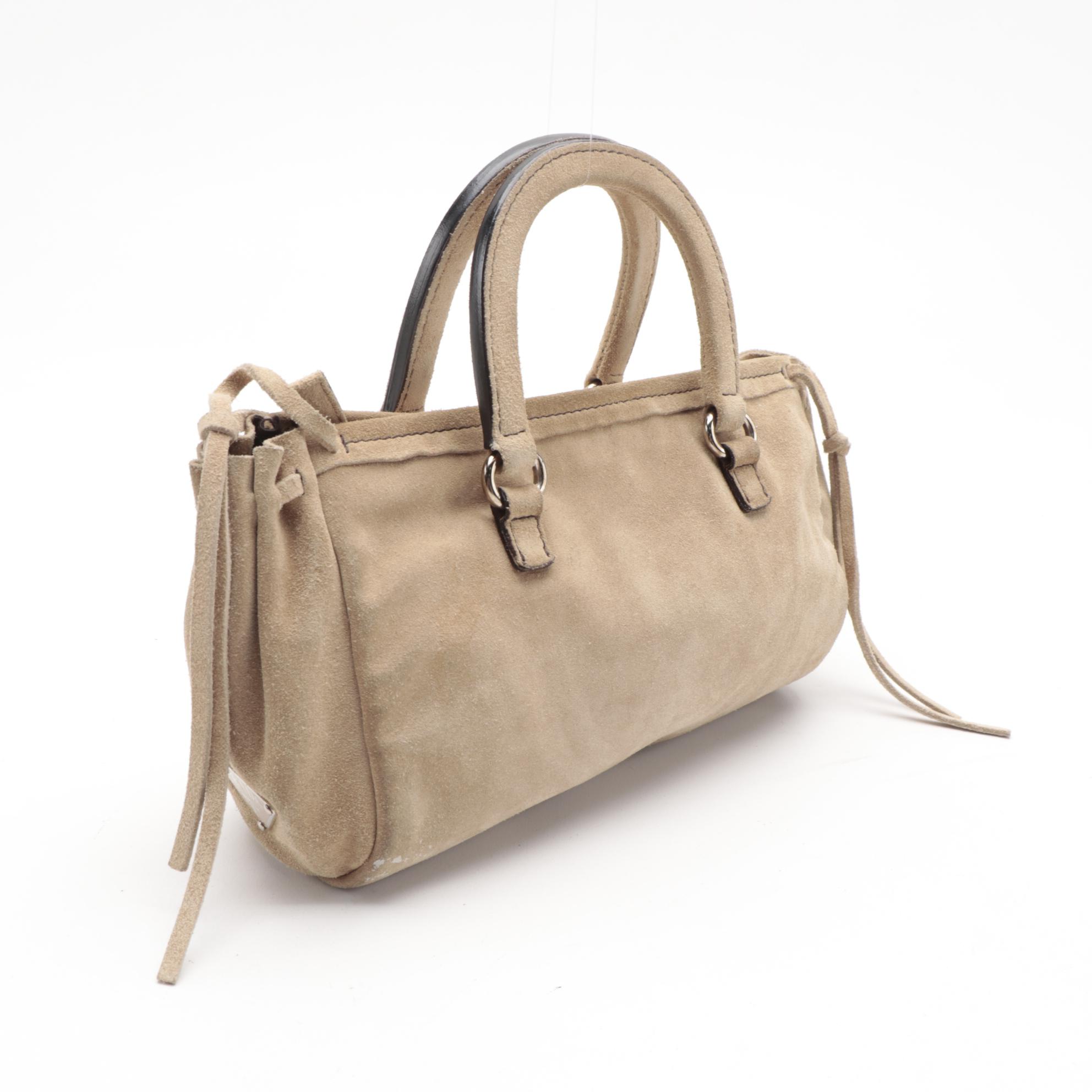 Prada Mini Top Handle Bag with Drawstring Sides in Natural Suede
