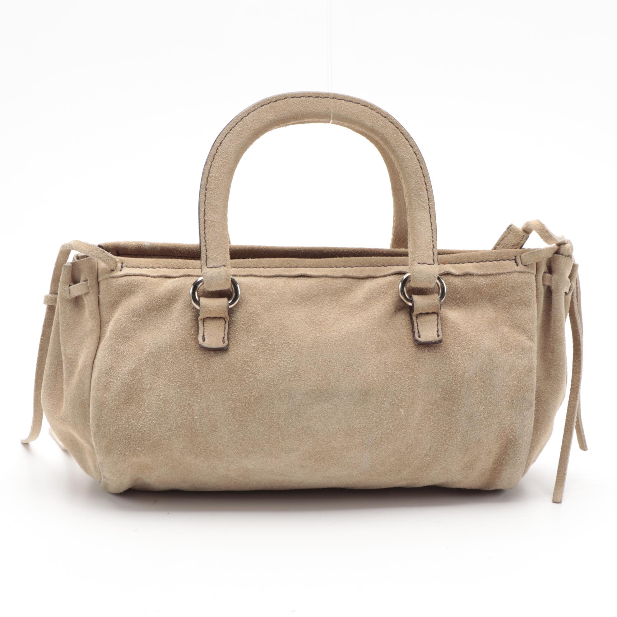 Prada Mini Top Handle Bag with Drawstring Sides in Natural Suede