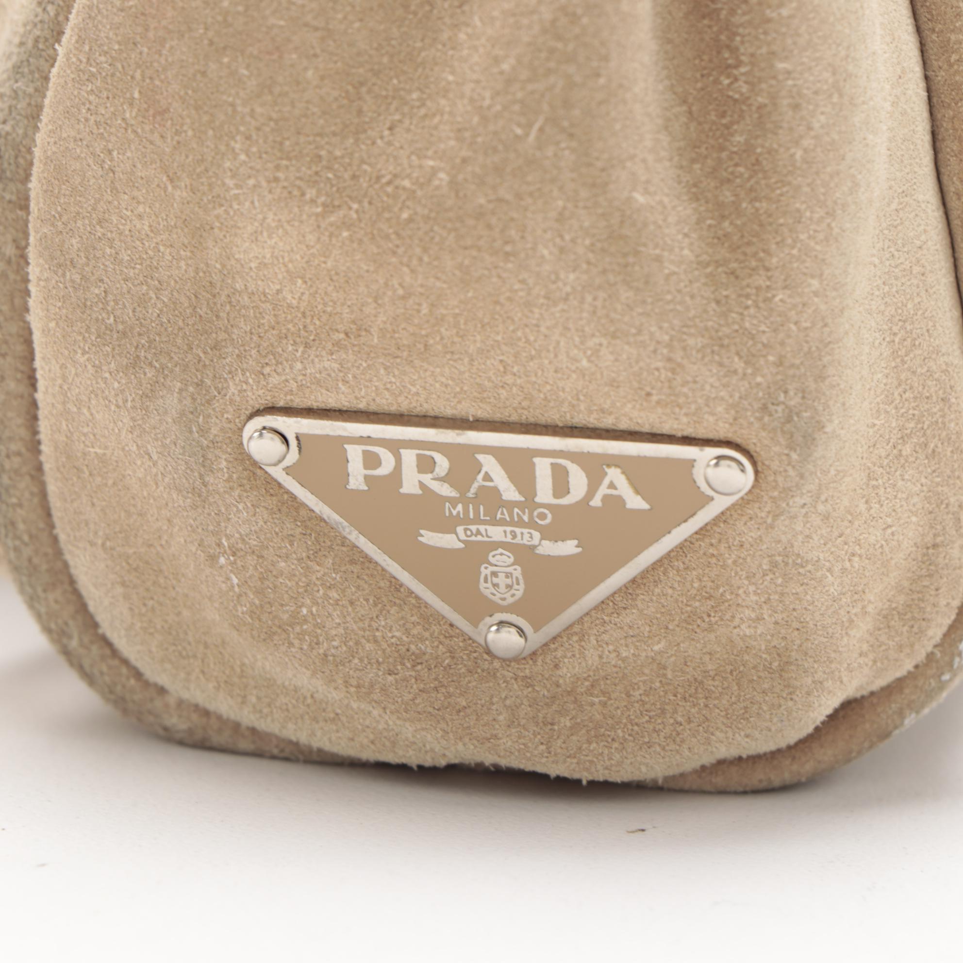 Prada Mini Top Handle Bag with Drawstring Sides in Natural Suede