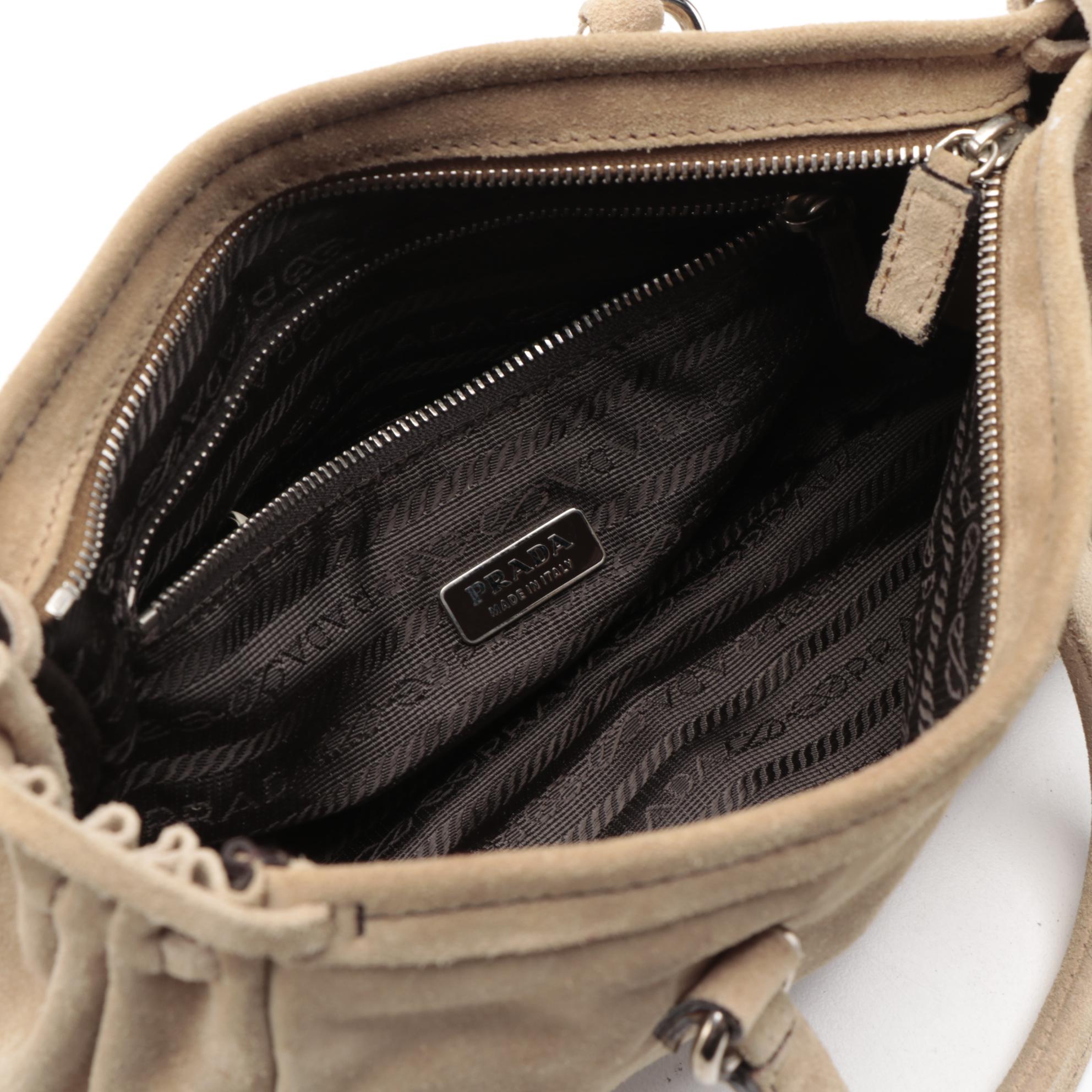 Prada Mini Top Handle Bag with Drawstring Sides in Natural Suede