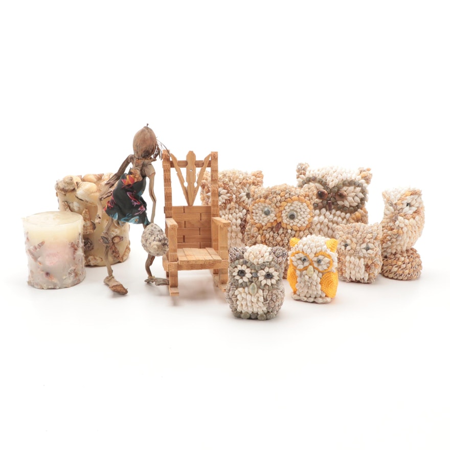 Shell Owl Figurines, Coconut Figurine, and Candles