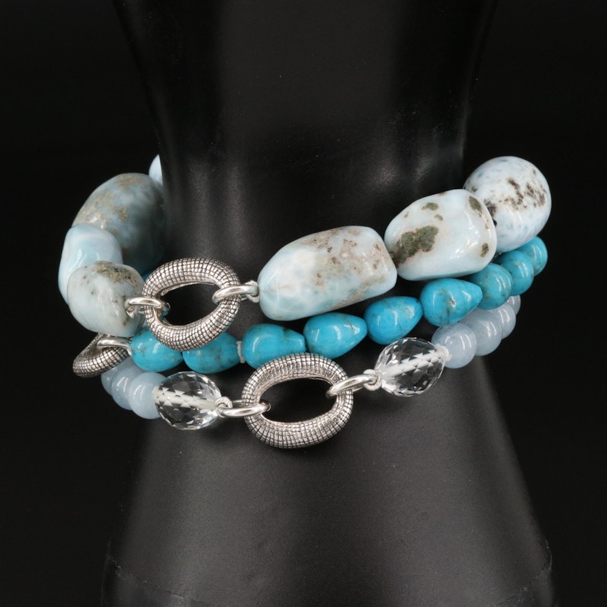 Michael Dawkins Sterling Larimar, Beryl and Turquoise Triple Strand Bracelet