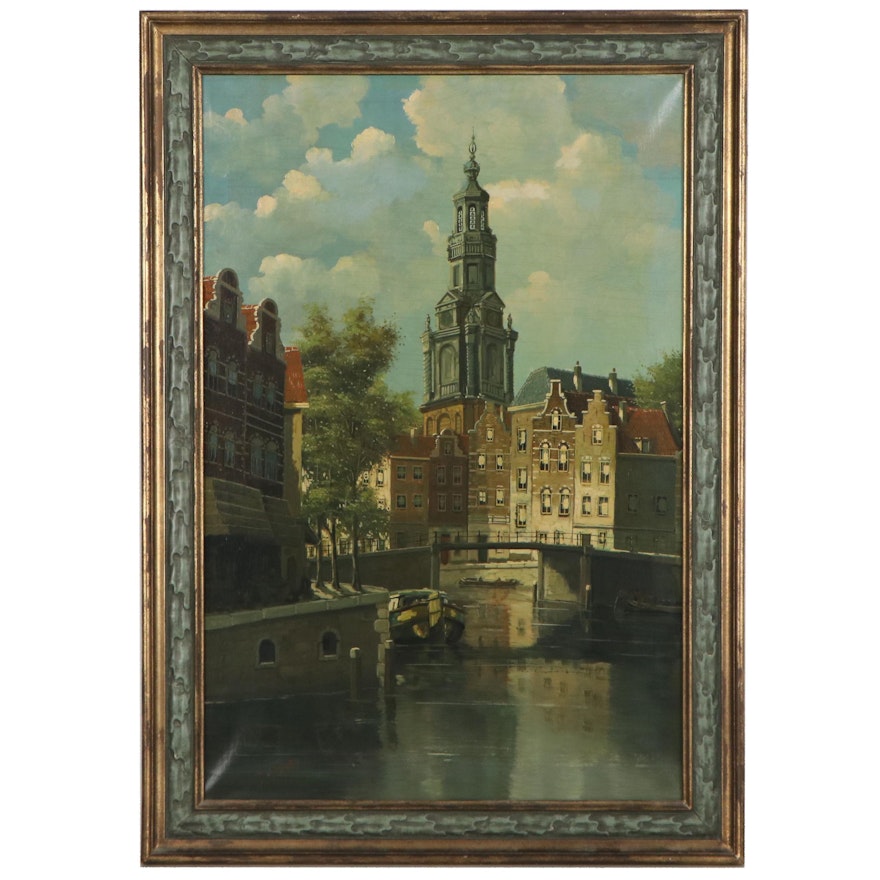 D. Verwey Dutch Canal Scene Oil Painting, Mid-20th Century