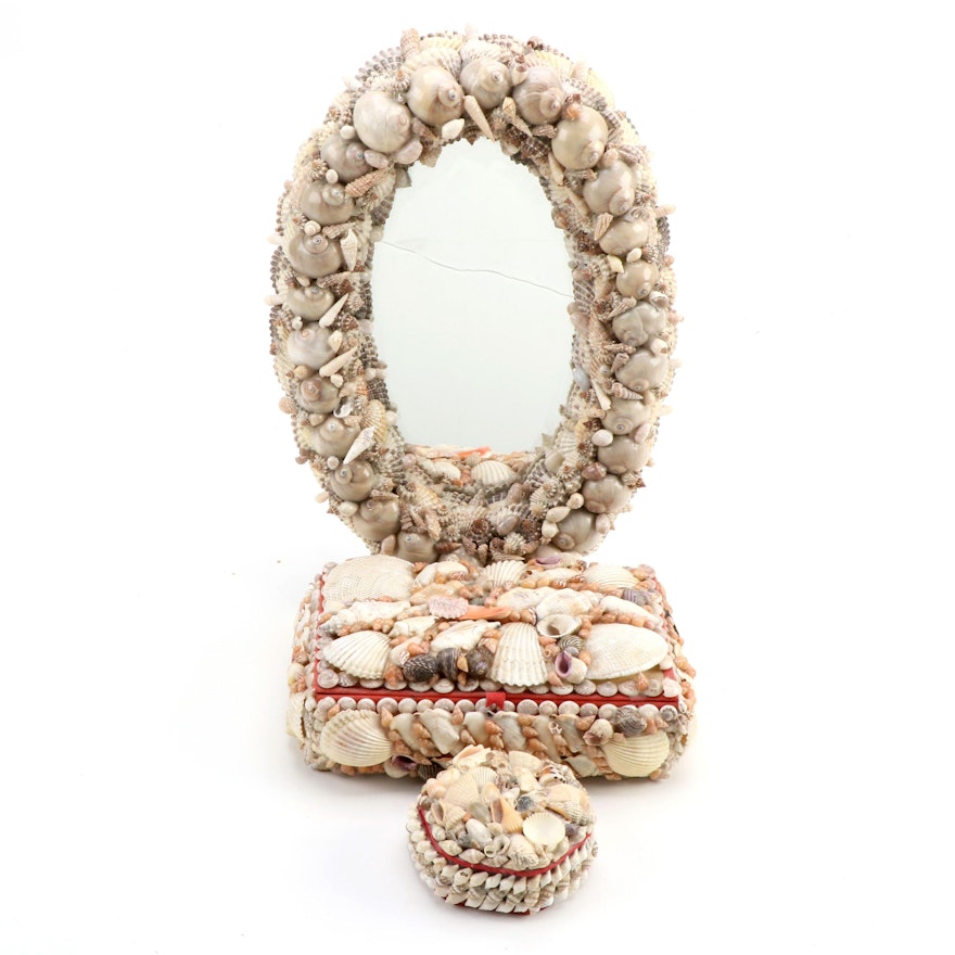 Seashell Art Trinket Boxes and Oval Wall Mirror, Mid to Late 20th Century